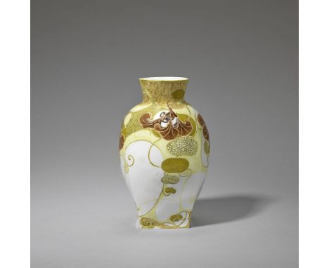 RozenburgOviform vase, 1902 Eggshell porcelain, painted with stylised foliate design in yellow, olive and brown glazes.18.5cm
