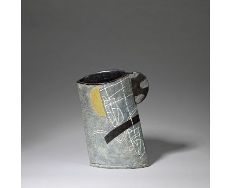 John MaltbyVessel with handle, circa 1993Stoneware, layered blue over black glazes with a trailed and painted abstract design