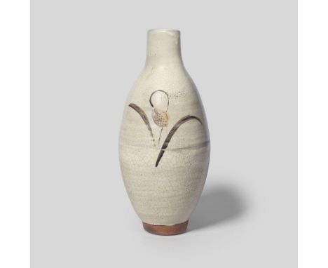 Bernard LeachVase, circa 1935Stoneware, grey crackle glaze with painted design of a fritillary.33.5cm high Underside with art