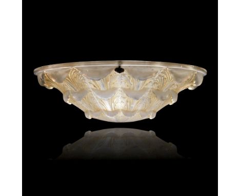 René Lalique'Gaillon' ceiling light, designed 1927Clear glass, frosted, with sepia staining. 45cm diameterWheel cut R.LALIQUE