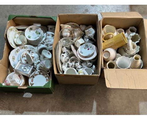 3 box lots of pottery. Belleek, West German, part tea sets, Aynsley etc
