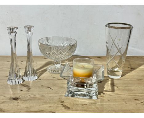 Large pieces of crystal. Nachtmann vase 30cm. Tyrone centrepiece bowl 22.5x18cm. Pair of Tipperary candlesticks 28.5cm. Tippe
