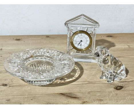 3 pieces of Waterford Crystal. Mantle clock, candleholder and a dog.