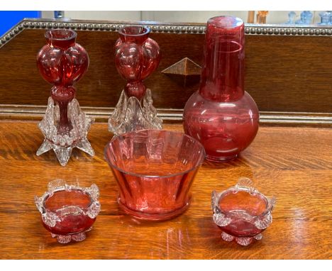 Late 19th century cranberry glass. Including a pair of Welz style vases. Bedside carafe and glass