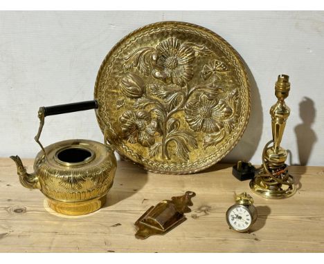 A job lot. Victorian kettle, Presta Magic Lantern alarm clock, brass relief wall plaque, brass lamp and wall pocket.