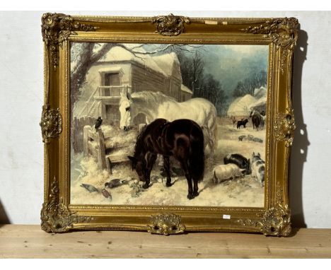 A large oleograph on canvas in gilt frame. 76x66cm