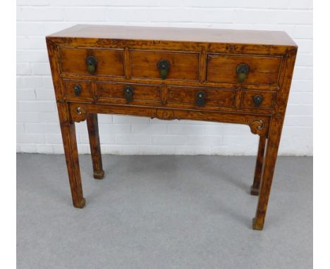 Chinoiserie Altar style side table with an arrangement of seven drawers, on square stylised legs, 86 x 94cm 