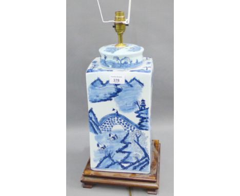 Large blue and white Chinese style square table lamp on a  wooden base, height excluding fitting 40cm
