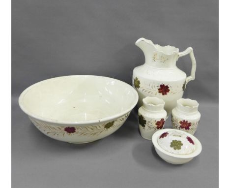 Staffordshire ironstone toilet set, with floral pattern, comprising a basin, ewer, two small vases and a soap dish, (5) 