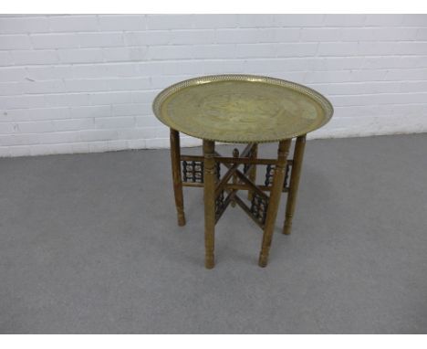 Benares style table with a circular brass  tray top, 58 x 59cm 