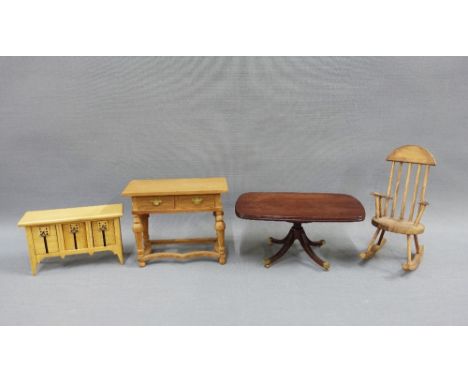 Dolls house furniture to include a William and Mary style walnut side table and a Rennie Mackintosh cabinet , tallest 9cm 