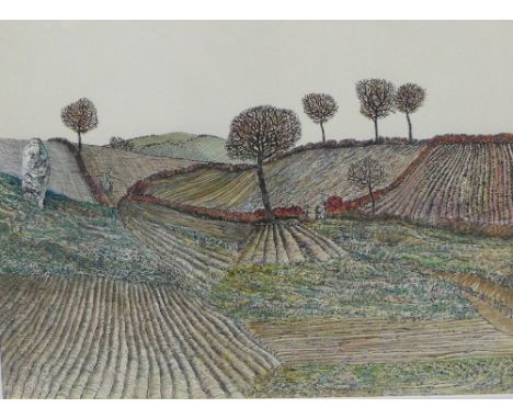 Edward H Chiswall,  Ink sketch / drawing of ploughed fields,  signed and dated '77, in a glazed frame,  37 x 33cm  