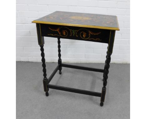 A side table, painted and lacquered with squirrel and acorn pattern, on barley twist legs, 74 x 60cm 