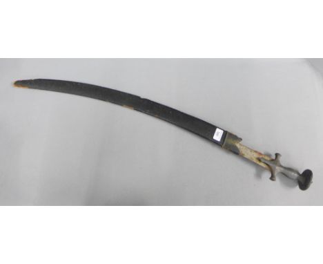 Indian Tulwar sword with curved blade and leather scabbard, blade length approx 70cm 