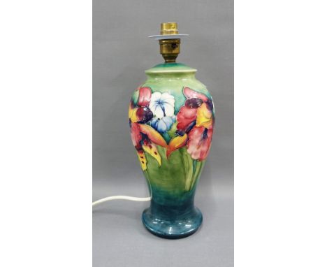 Moorcroft Pottery baluster table lamp base, with green ground and tubeline flowers, 27cm high excluding fitting 