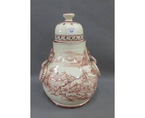 Large continental pottery jar and cover with loop handles to side, painted with a hunting dog and stag scene, 42cm high 