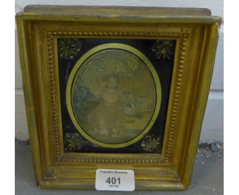 Early 19th century needlework panel in a verre eglomise gilded frame, size overall 15 x 17cm 