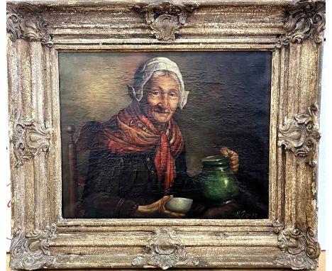 Sores, H. (19. Jahrhundert) Portrait einer Frau, Öl auf Leinwand. Portrait einer älteren Frau, die sich gerade etwas einschen