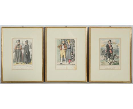 Trachten, drei Farblithografien."Schäfer aus dem Hauenstein'schen. Großherzogtum Baden", "Brautleute [...]" und zwei Damen "a