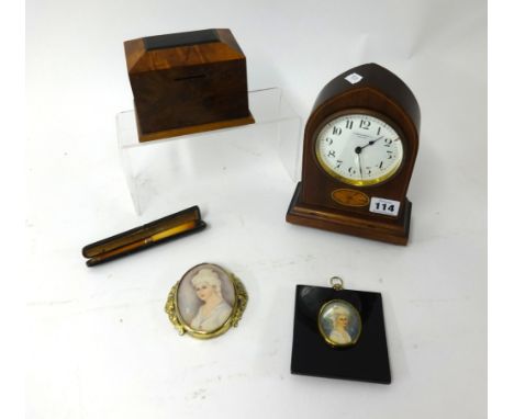 Edwardian style small mantle clock with inlaid mahogany case, walnut money box, miniature portrait of a lady dated 1956 monog