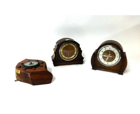 A collection of traditional mantle clocks 1930/50's oak cased, Victorian slate clock, Schutz carriage clocks also a barometer