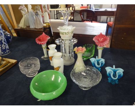 A 19th Century and later glass ware including epergne, a pair of opaline glass vases, single lustre and Sowerby glass etc (14