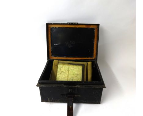 A WWII Officers metal trunk with 1940's map case and map of France, kit bag, inkwells etc.
