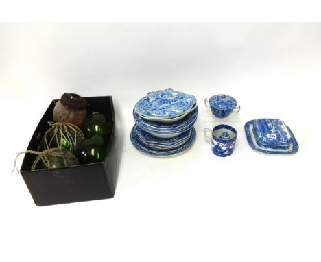 Italian Copeland Spode blue and white dinner wares together with 1930's glass lamp shade, and green fish glass balls.