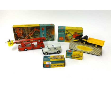 Corgi Toys, 151a lotus, 486 kennel service wagon, 1127 fire engine, 1128 Priestman shovel also dinky super toys 958 plough al