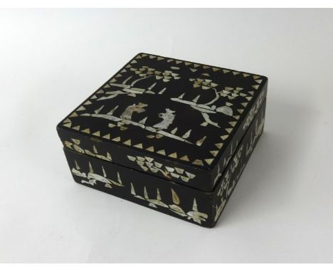 Square oriental box decorated with mother of pearl inlay, 20cm wide.