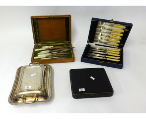 Silver plated entrée dish, mother of pearl handled fish set, cased and two other cased cutlery sets.