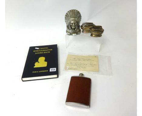 A 19th Century lacquered snuff box, 'Feathers in your Cap' radiator cap, miniature photo flash camera, Ivor.D.Lawrence book 1