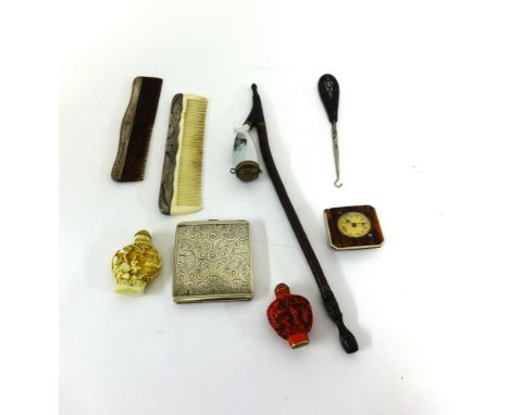 Various items, two oriental snuff bottles, two pipes, miniature table clock, enamel glue pot etc.