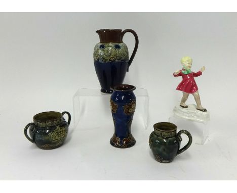 Four Royal Doulton art pottery pieces together with Royal Worcester figure 'January' model 34542 (5).