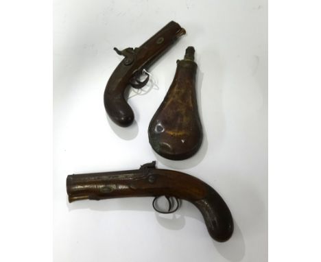 A pair of 19th Century percussion pistols stamped Birnett, Southampton length 24cm together with 19th Century copper powder f