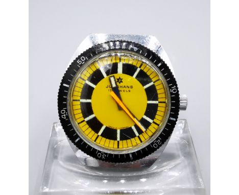 JUNGHANS "DIVER" VINTAGE HANDHAUFZUGSUHR, 3-Zeiger-Uhr ohne Datum, orangefarbener Sekundenzeiger, gelbes Zifferblatt, um 1970