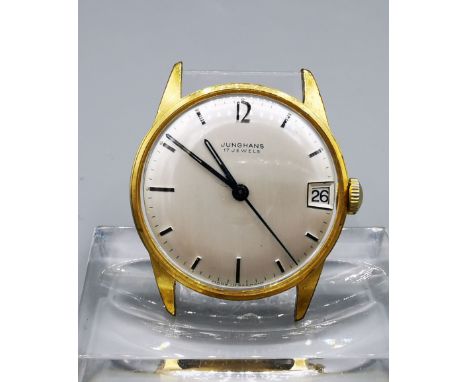 JUNGHANS VINTAGE HANDAUFZUGSUHR im vergoldeten Gehäuse, 3-Zeiger Uhr mit Datum und silbernem Zifferblatt, 1960er / 1970er Jah