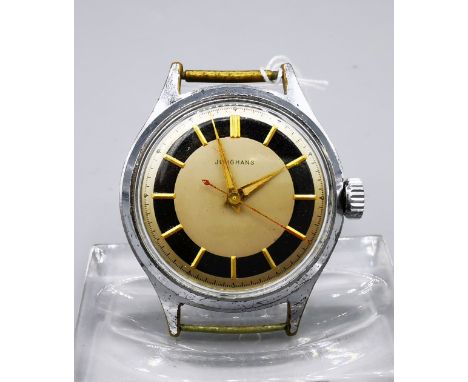 JUNGHANS VINTAGE HANDAUFZUGSUHR, 3-Zeiger-Uhr ohne Datum, silber/goldenes Zifferblatt, um 1965. Gehäusedurchmesser 33 mm. Wer