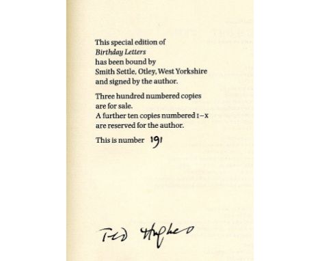 Hughes (Ted) Birthday Letters,  (Faber, 1998). First Edn. Signed. Near Fine.  Number 191 of 300 specially bound, numbered and