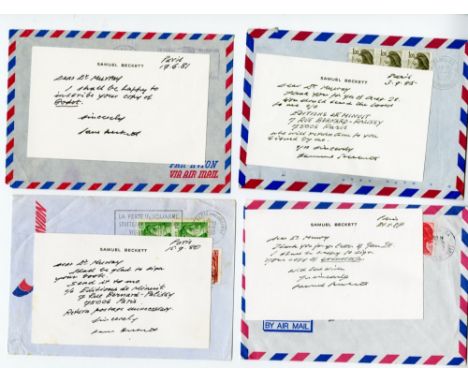 Beckett (Samuel)  Four m/ss Cards signed by Samuel Beckett, with  4 orig. envelopes.(8)  