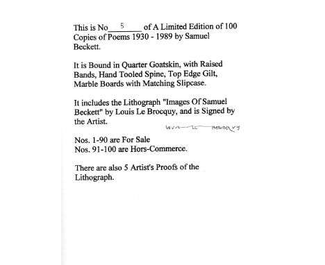 Beckett (Samuel)  Poems 1930 - 1989,  (Calder 2002)  Fine.  Copy No. 5 of Limited Edition 100. Bound in Quarter Goatskin, wit