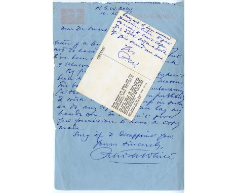 White (Patrick)  One m/ss Letter and one m/ss Card signed by Patrick White. (2) 