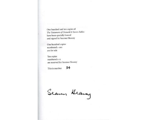 Heaney (Seamus)  [Henryson: Robt.] trans by Heaney: The Testament of Cressid & Seven Fables,  (Faber 2009) First Edn.  No 54 