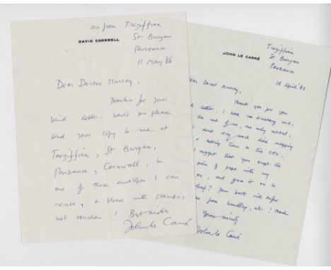 Le Carre (John) Two m/ss Letters from John le Carre. (2) 