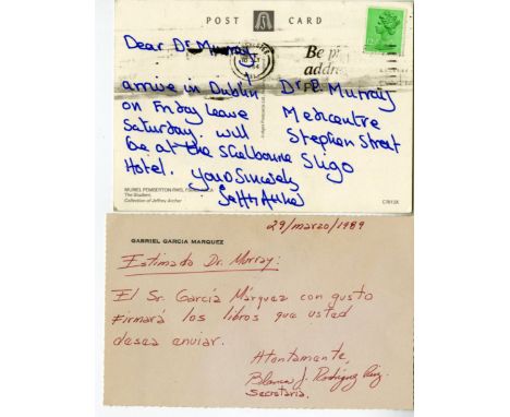 Garcia Marquez (Gabriel), Archer (Jeffrey)  A m/ss Card from Jeffrey Archer and one from the secretary of Gabriel Garcia Marq