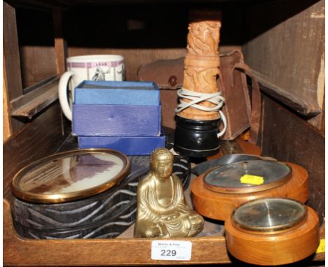Barometer, Box Brownie camera, brass Buddha, etc 