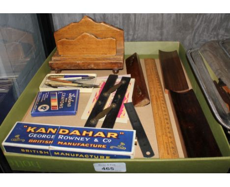 A selection of writing accessories including small oak combination letter rack-pen tray, vintage pencils, pens