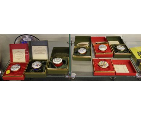 Eight Crummels enamel boxes and Whitefriars weight