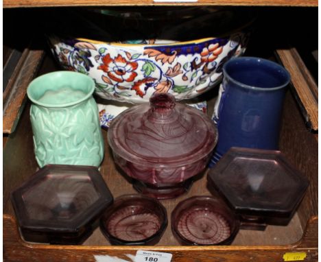 Two punch bowls, slag glass, Denby, Crown Devon