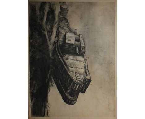 Lithograph of two First World War tanks, dedicated to General Marshall Wills from David Muirhead 'Bone, framed and glazed, 52